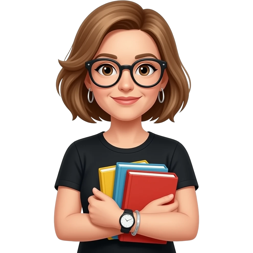 femme cheveux chatains blonds au carré, 40 ans, lunettes noires rondes et grandes, raie sur le côté droit, yeux marrons, t-shirt noir, boucles d'oreilles pendantes en argent, livres colorés dans les bras, montre noire et ronde au poignet gauche et un bracelet en argent au poignet droit, emoji