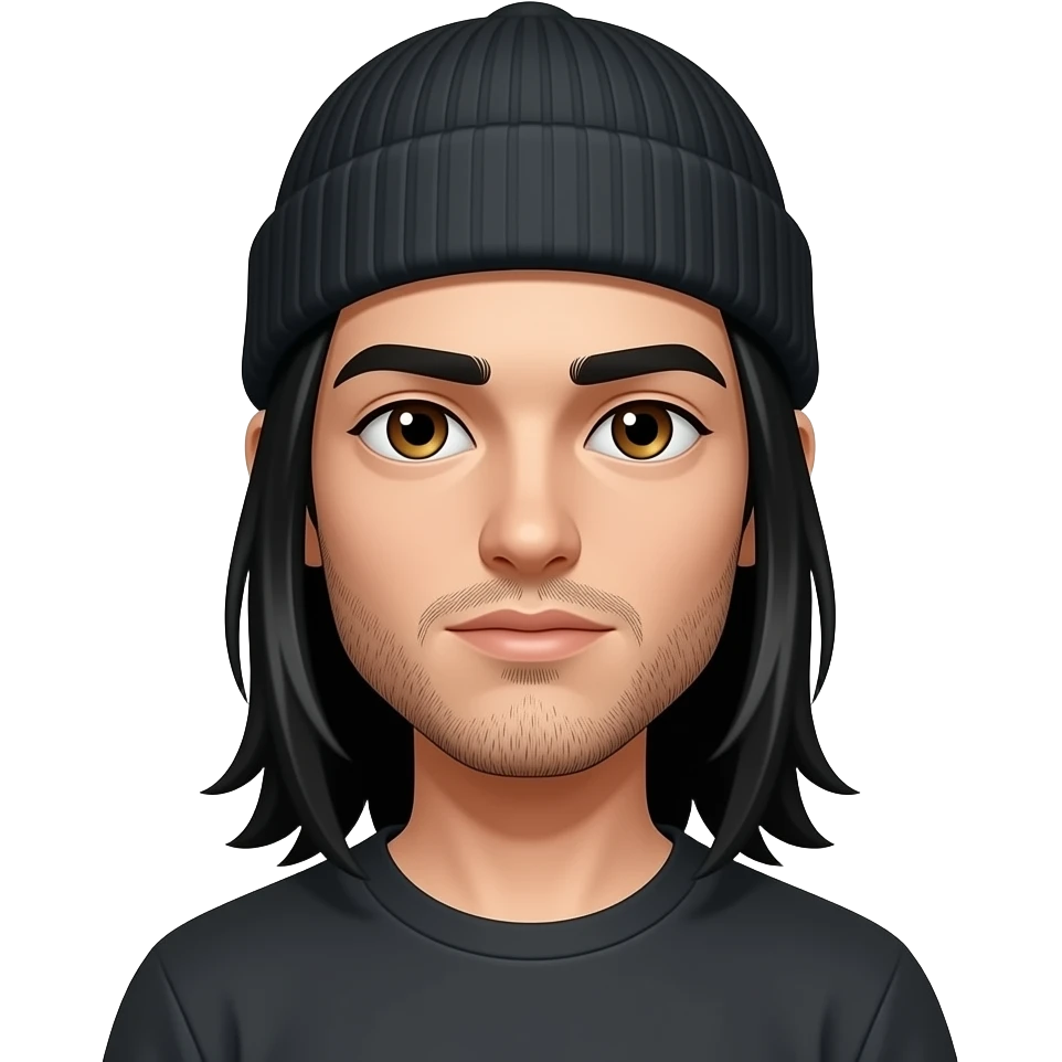 Thin face, Skinny physique, black thick eyebrows, straight shoulder length long black hair man, hazel eyes, very very scruffy 5 oclock shadow with beanie skateboarder emoji