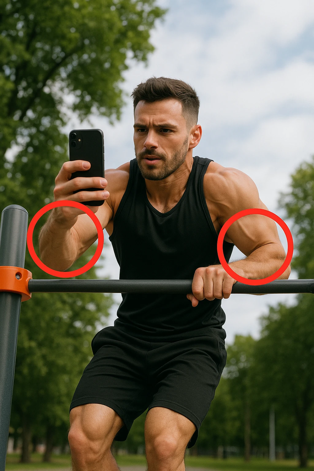 uomo che fa Muscle up e si sta filmando davanti con il telefonino per vedere la sua posizione dei gomiti e delle mani sulla sbarra, fai dei cerchi per indicara i gomiti emoji