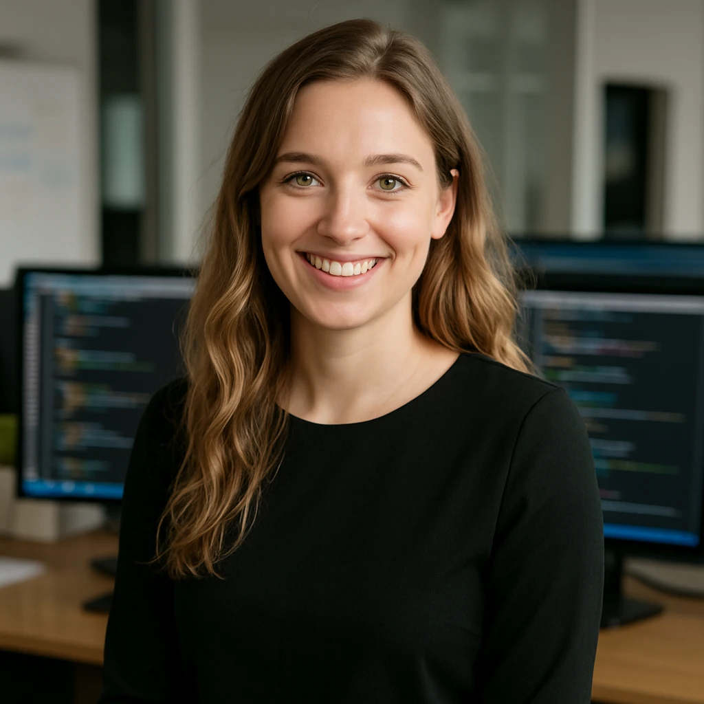 European woman with dark blonde, long beach wavy hair, green eyes, smiling, wearing a black long-sleeved blouse, no chain, no glasses, business setting, software developer, teaching behavior emoji