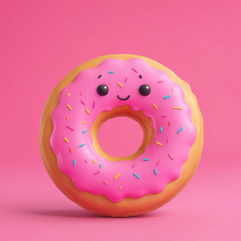 Create an emoji of this donut character with a surprised expression, 3D cartoon style, pink background. emoji