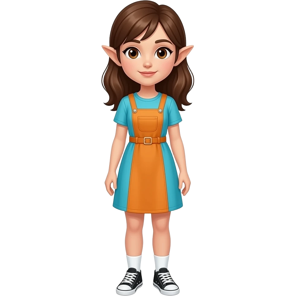 A white/fair skinned woman with brown hair, brown eyes and pointy ears, and wearing a cyan blue and orange dress with white socks and black sneakers. emoji