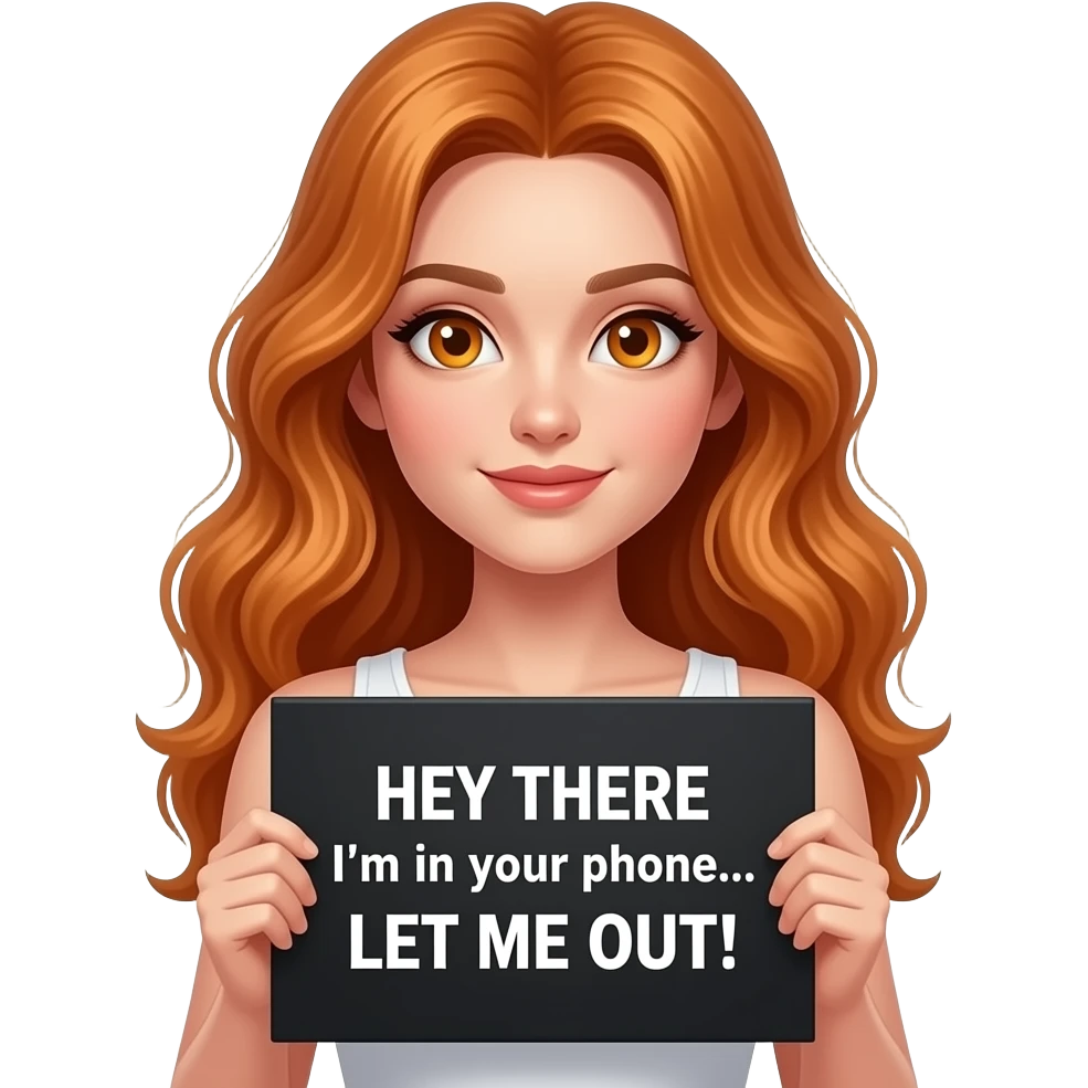 sexy girl with long wavy ginger hair and ginger eyes wearing a white tanktop is holding a black colored sign with HEY THERE I'm in your phone... LET ME OUT! written on it emoji