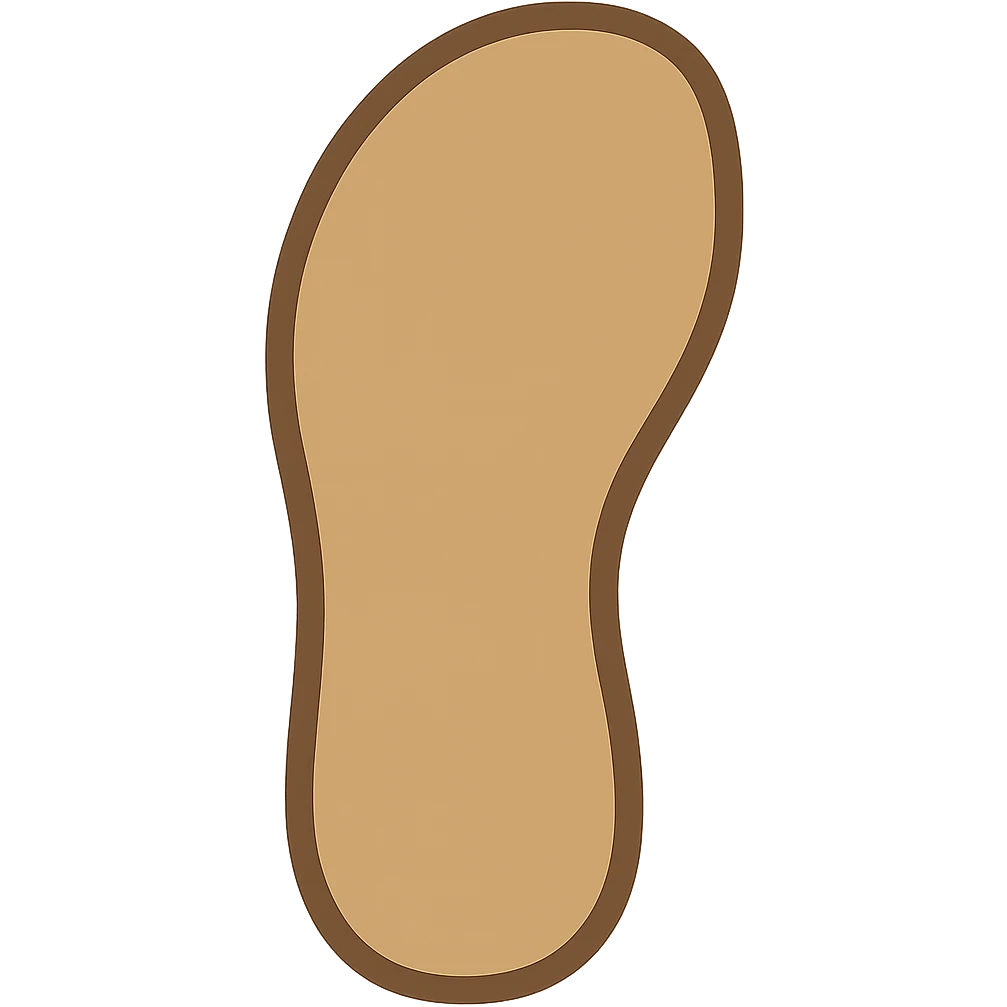 Edit the image to depict a thin sandal sole with minimal detail, viewed from the bottom and matching the angle of the reference image, in emoji style. emoji