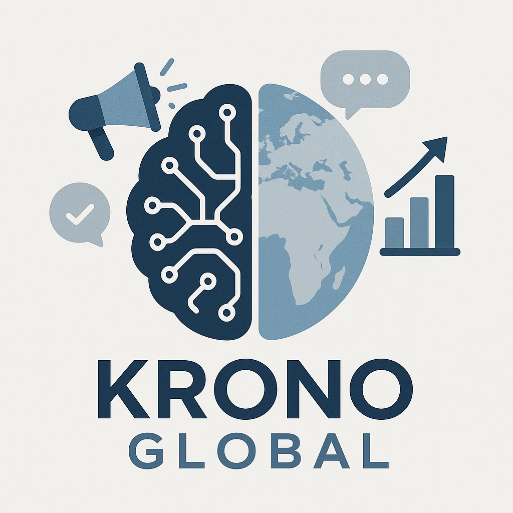 Visual mark for Krono Global: AI brain merged with a world map, surrounded by marketing icons like megaphone and graph, in a contemporary, global business color palette, modern and professional. emoji
