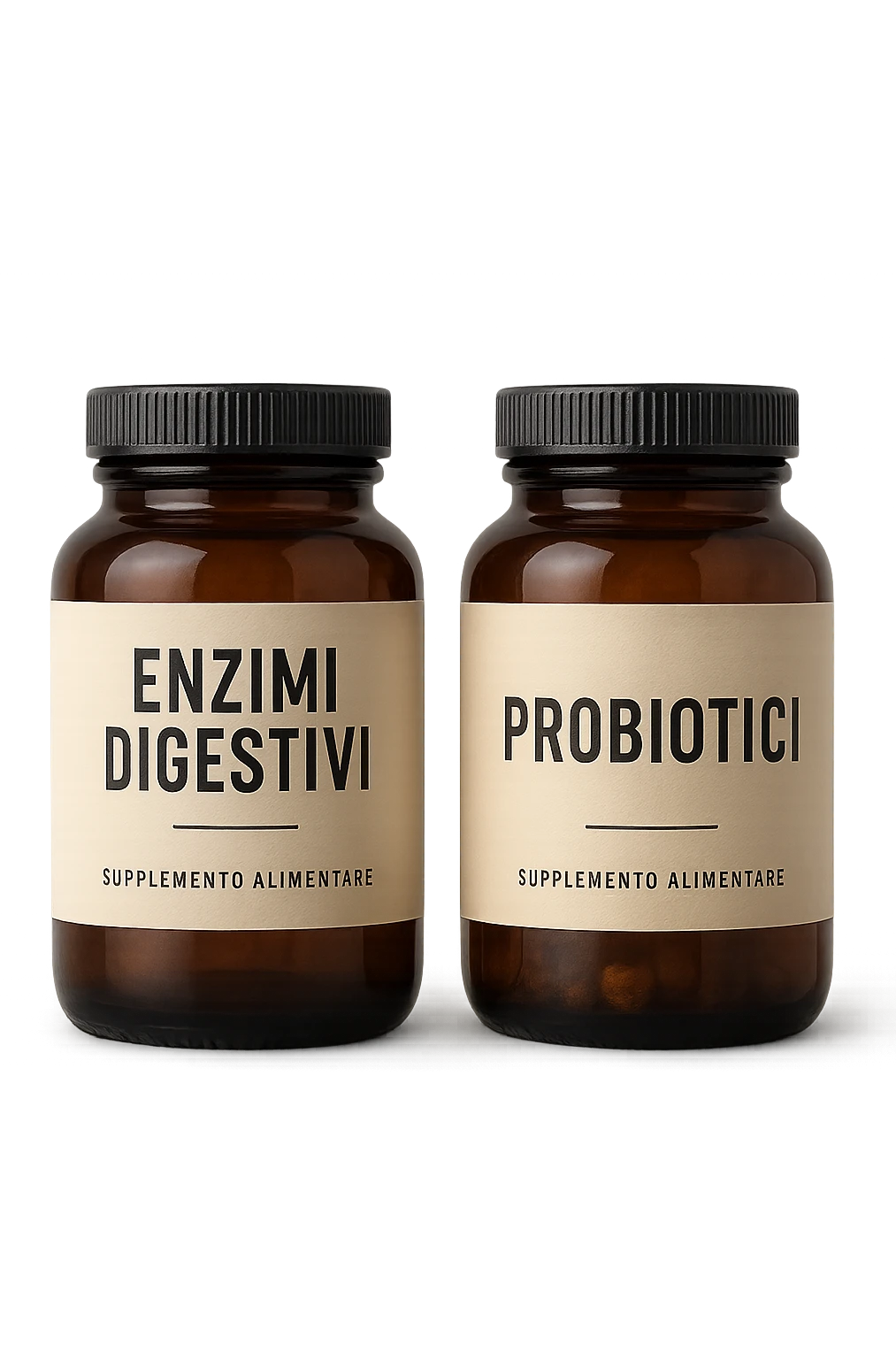 DUE BARATTOLI di integratore con la scritta "ENZIMI DIGESTIVI" E "PROBIOTICI", iperrealistico 4k emoji
