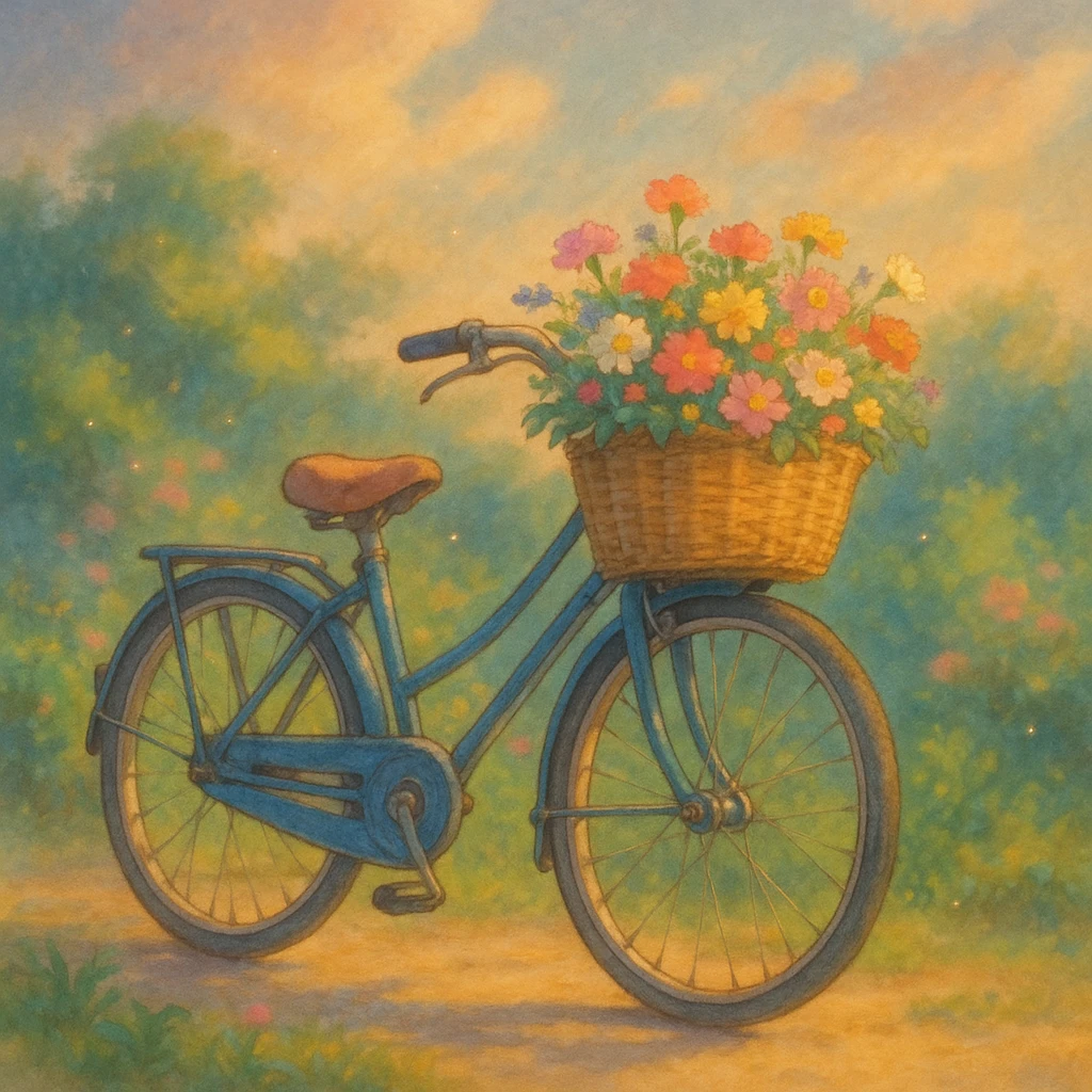 bicycle with a basket of flowers, dreamy lighting, soft painterly textures, whimsical and nostalgic, Ghibli style emoji