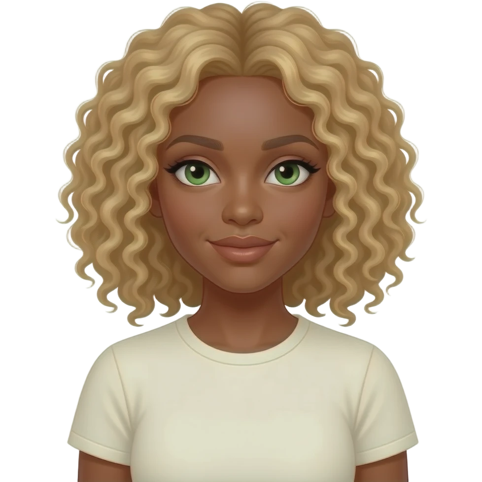 Делай тёмно кожу блондинку с кудрявыми волосами и с зелёными глазами в футболке скимс с белым цветом но не сильно тёмный смуглый светлей emoji