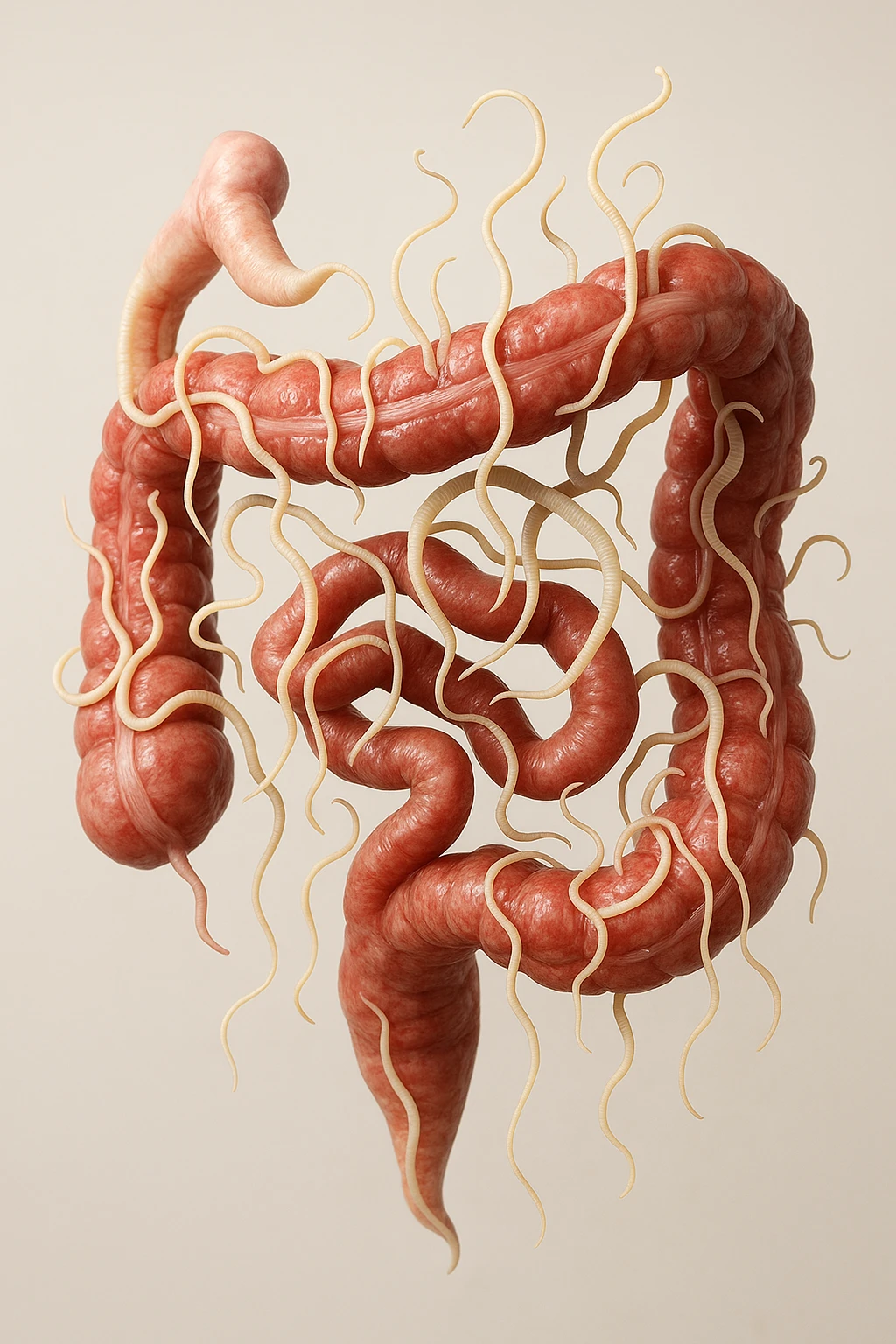 INTESTINO UMANO ANATOMICO REALISTICO FLUTTUA IN ARIA INSIEME A PARASSITI COME LA TENIA, SFONDO CHIARO, iperrealistico 4k emoji