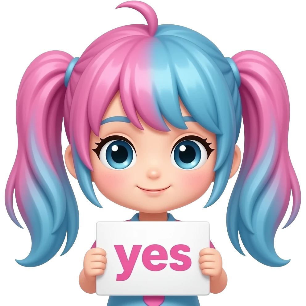 Can you make a chibi girl that has pink and blue hair with a sign that says yes emoji