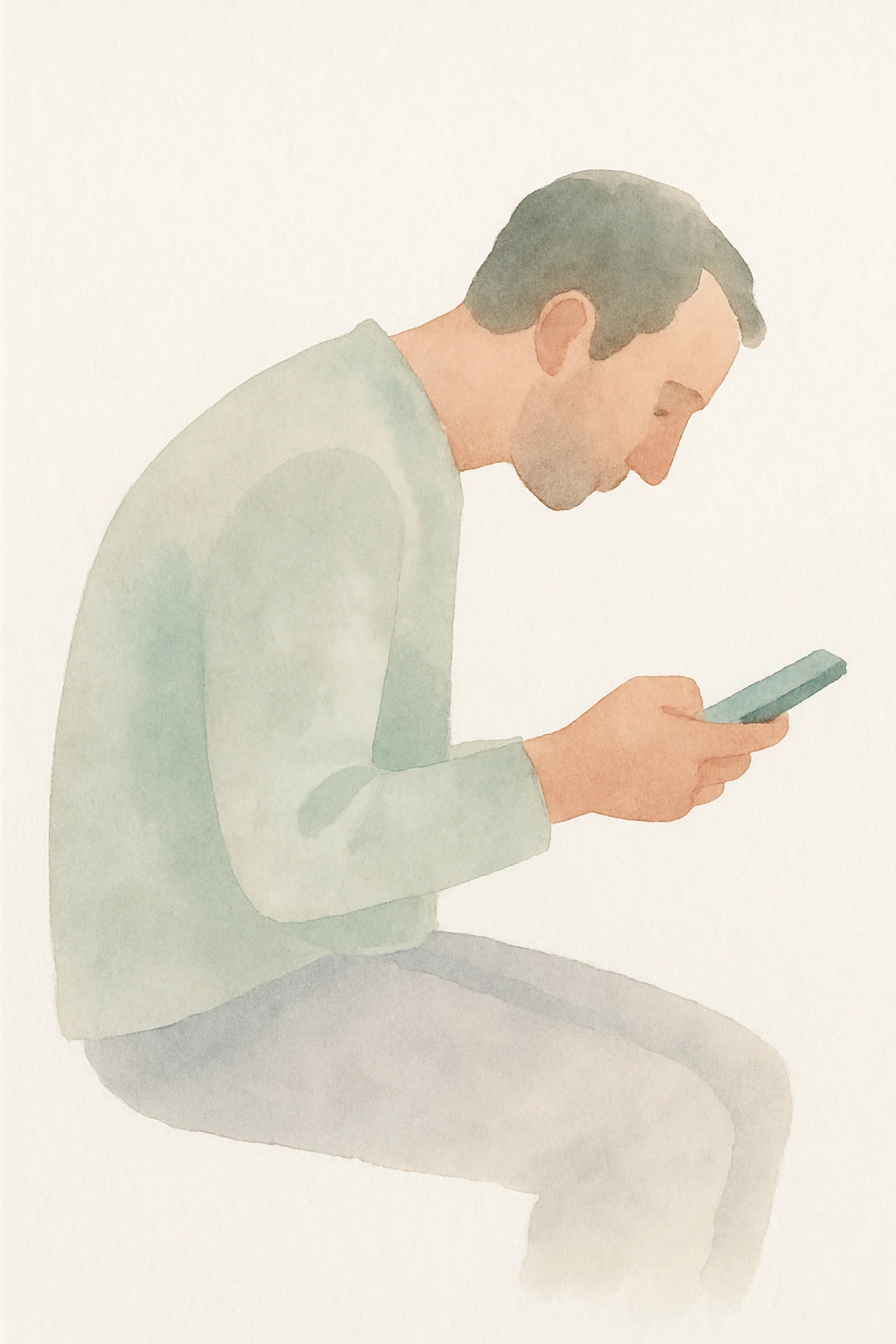 a man hunched over his cell phone, watercolor art style emoji