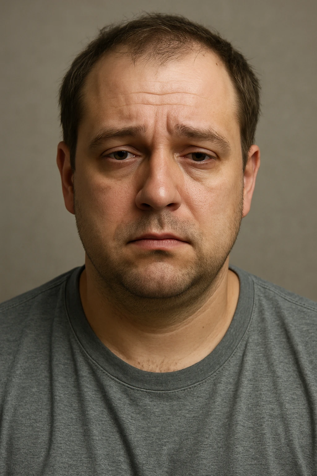 Un uomo caucasico di 35-45 anni, in CGI fotorealistico, che mostra i segni fisici ed emotivi di un basso livello di testosterone. emoji