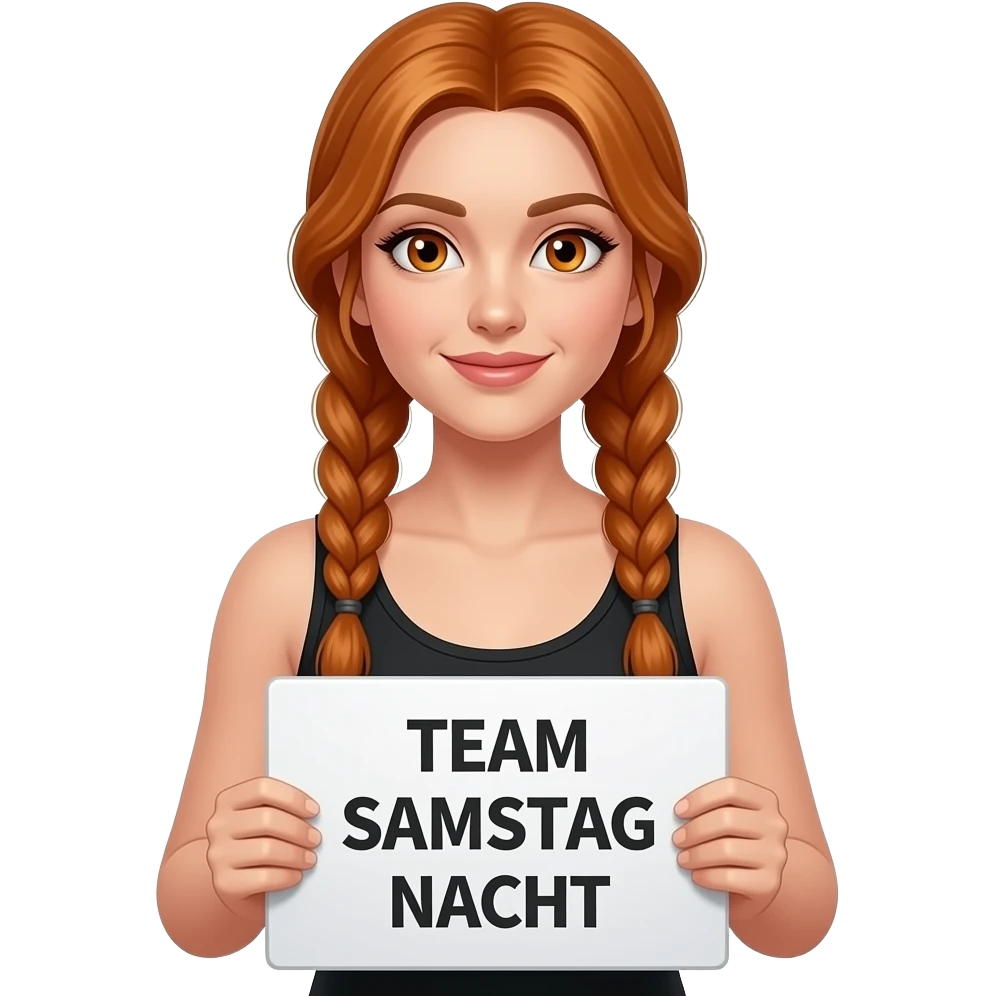 sexy girl with long ginger braids and ginger eyes wearing a black tanktop is holding a white sign with TEAM SAMSTAG NACHT written on it emoji