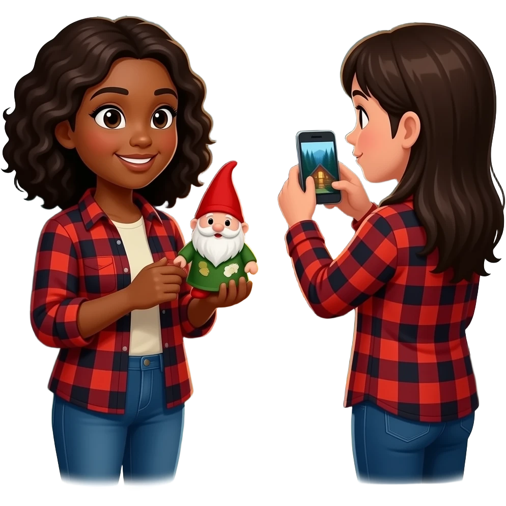 A black girl taking a photo of a spanish girl  holding a small gnome while standing in front of a cabin in the woods. Both wearing flannel in the evening emoji