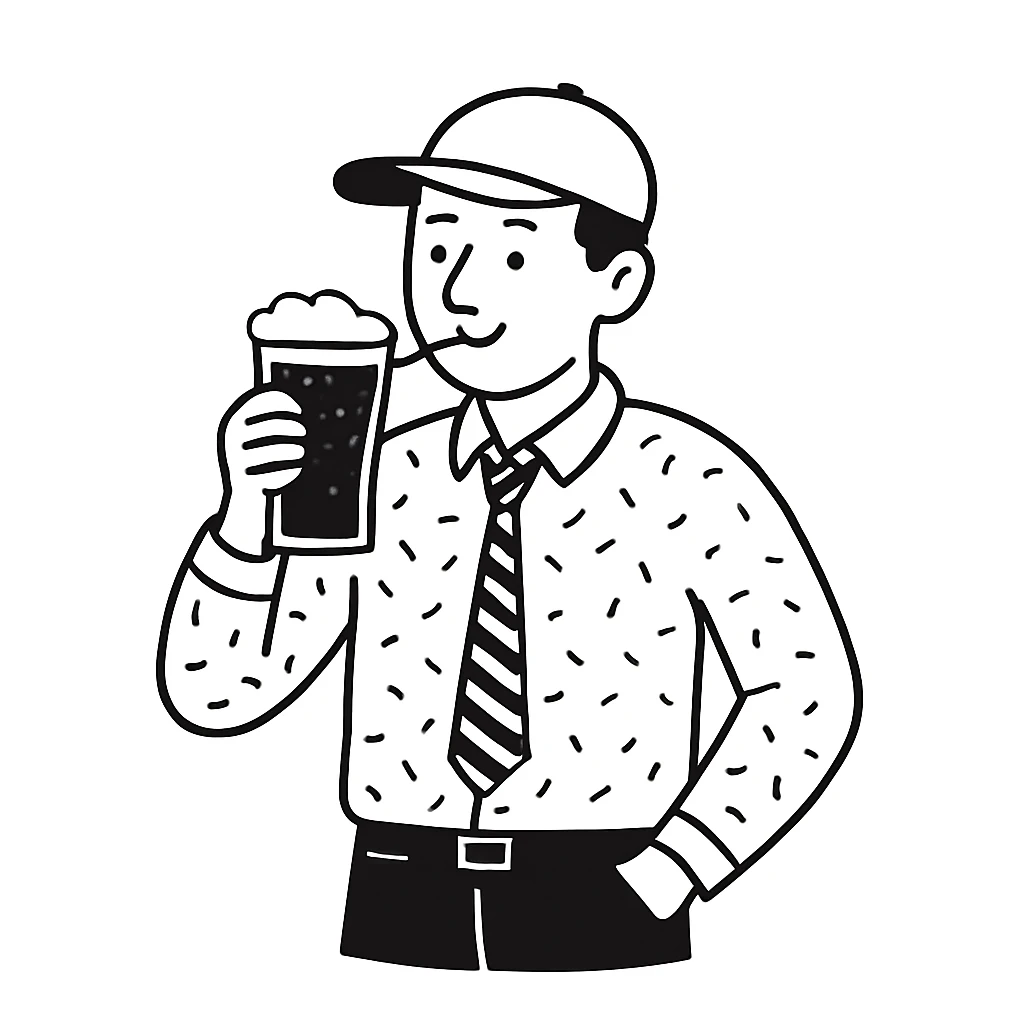 Change the hat to a baseball hat, keep hand drawn doodle style, guy drinking beer. The style is hand drawn doodle, notion style hand drawn doodles. emoji