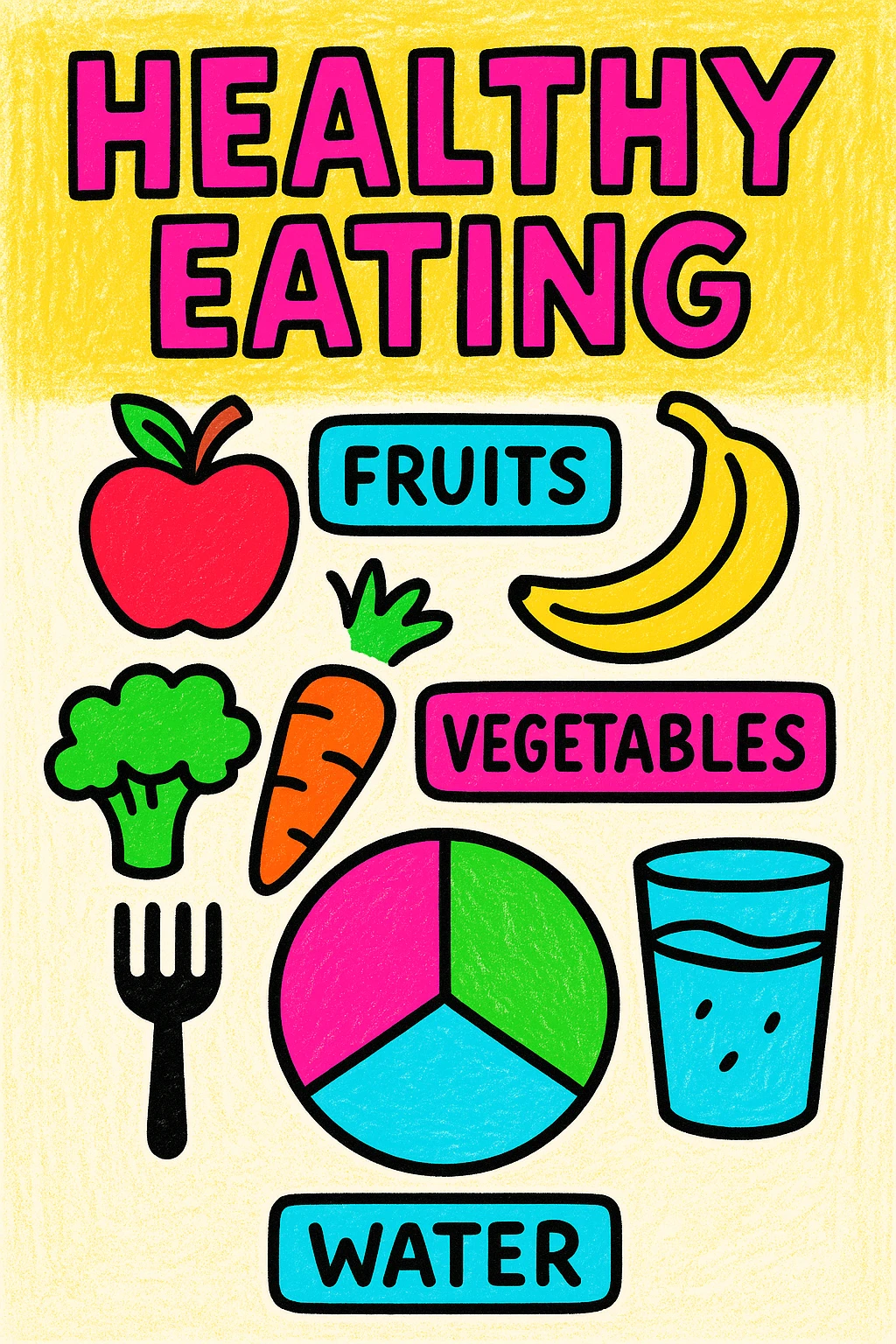 infographic about healthy eating in pop art style with bright colors, simple shapes, bold outlines, playful design, including fruits, vegetables, water, and balanced plate icons emoji