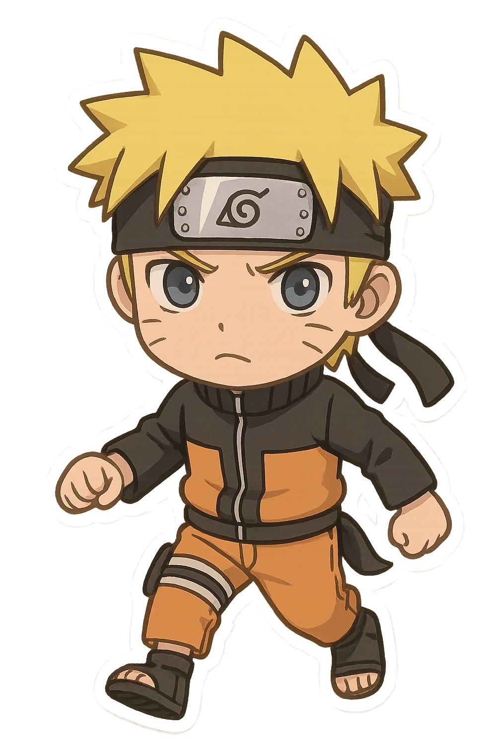 Naruto Uzumaki in a standing motion, he has a serious expression on his face, chibi sticker emoji