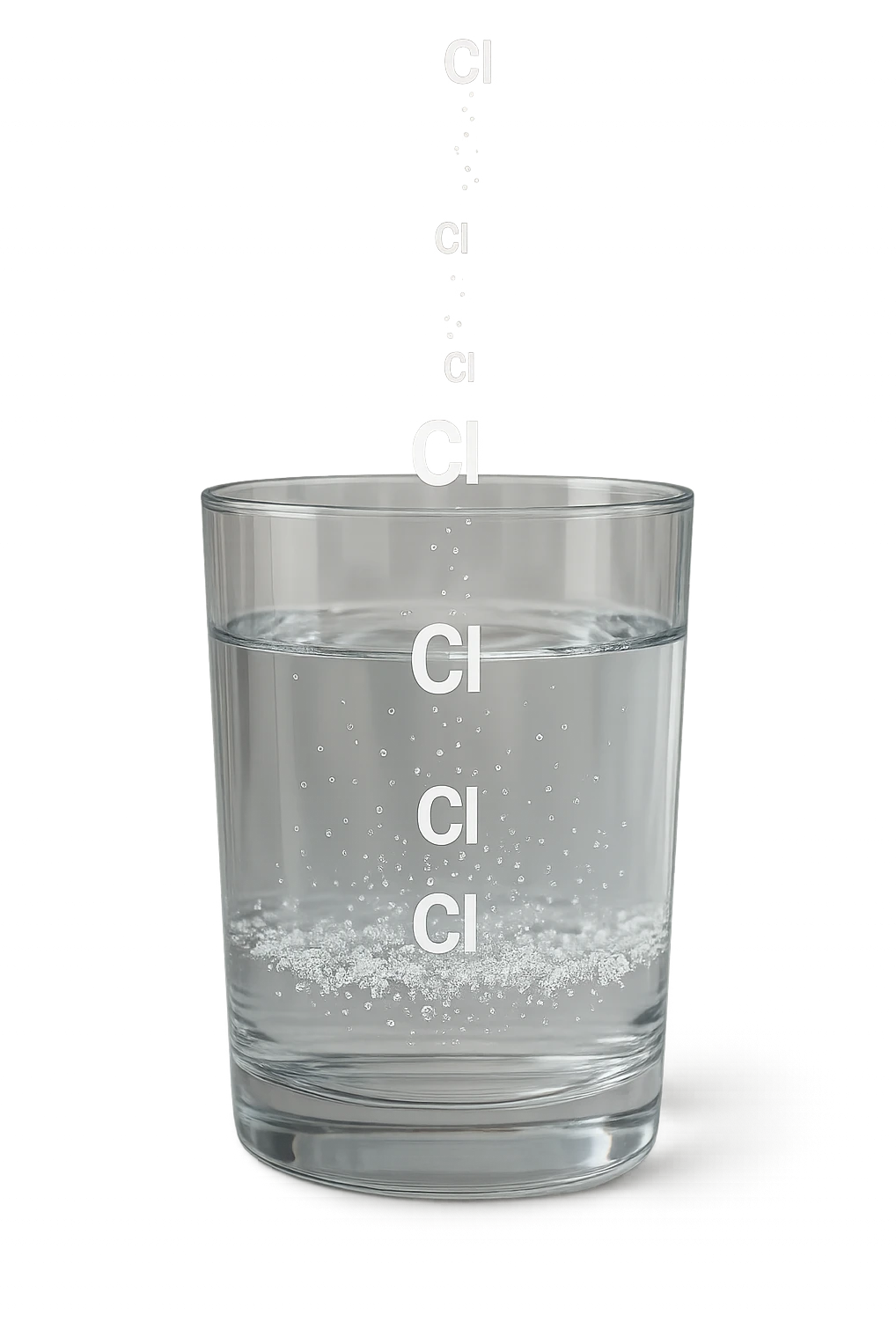 un bicchiere di acqua fluttua in aria realistico e dettagliato, dentro l'acqua del bicchiere ci sono particelle di cloro ben visibili con la scritta "Cl" sopra, ci sono particelle anche che escono dal bicchiere e fluttuano in aria verticalmente, mentre alcune sono all'interno dell'acqua nel bicchiere, iperrealistico 4k emoji