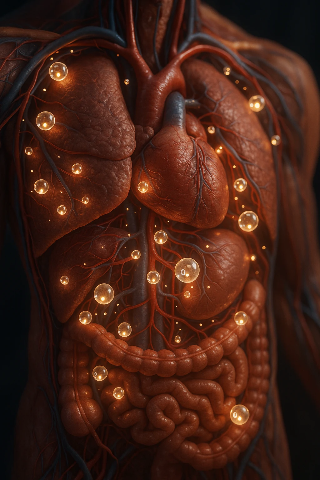 OSSIGENO FLUTTUA IN UN CORPO UMANO ANATOMICO, IPERREALISTICO 4K emoji