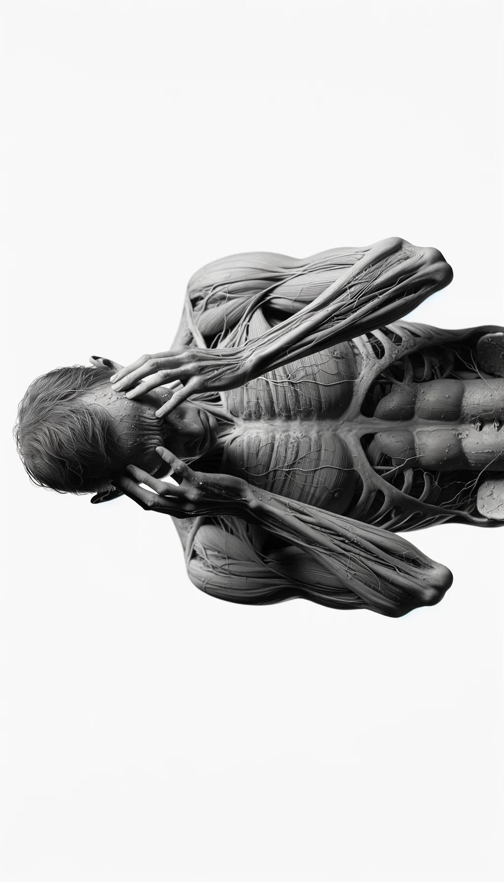 CORPO UMANO ANATOMICO REALISTICO DISPERATO, POSA FRONTALE,  SI TIENE LE MANI SULLA FRONTE E NON SA COSA FARE, SUDATO, IPERREALISTICO 4K, SFONDO BIANCO emoji