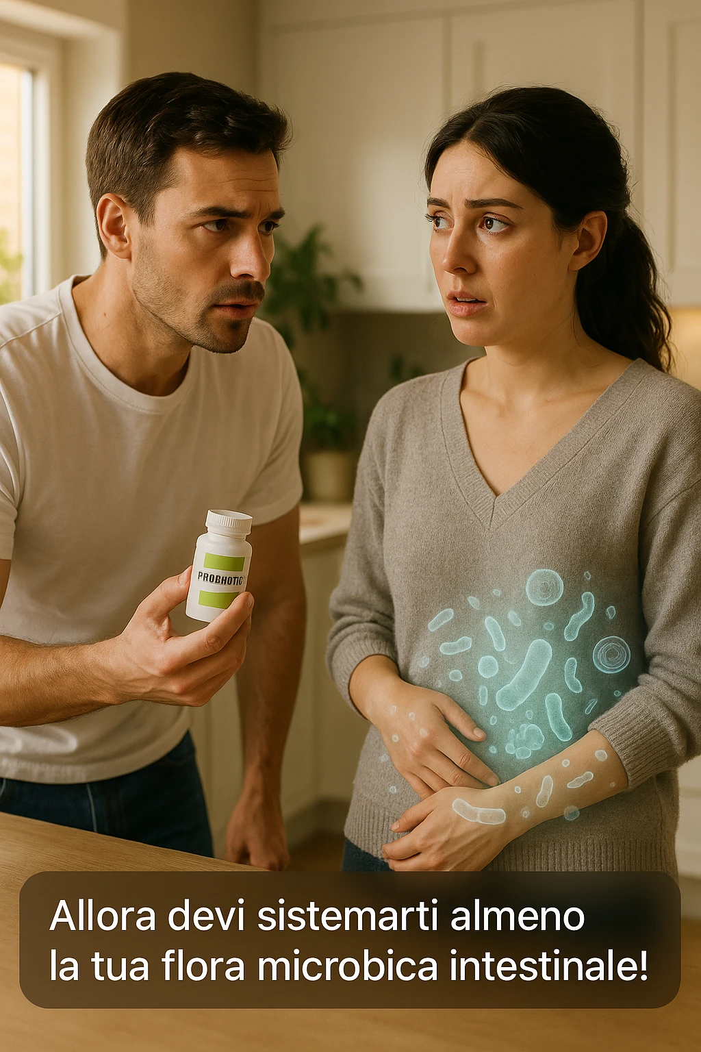 A hyper-realistic, cinematic photo of a young couple in their early 30s having a tense but calmer discussion in a bright modern kitchen. The man, fit, wearing a plain white T-shirt, holds a small probiotic supplement bottle in one hand, leaning slightly forward with a concerned yet firm expression, saying: 'Allora devi sistemarti almeno la tua flora microbica intestinale!' The woman, with dark hair in a loose ponytail, wearing a comfortable home sweater, stands with arms partially crossed, looking at him with a doubtful and confused expression, eyebrows slightly raised, lips parted as if about to respond but uncertain. Around them, faint translucent overlays of microscopic gut flora and bacteria symbols swirl softly near the woman’s abdomen, symbolizing the issue of her imbalanced gut microbiome. The kitchen is bathed in warm natural light, with green plants adding a sense of health and life, while the couple remains in sharp focus. The color palette is warm, with soft shadows and shallow depth of field highlighting the emotional tension yet care in the conversation, visually representing the discussion about gut health within the relationship emoji