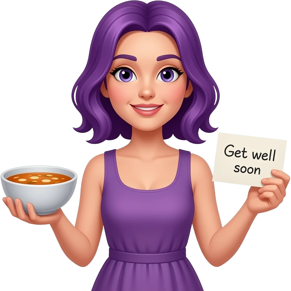 sexy girl with purple hair holding a soup in her hands and wish get well soon emoji
