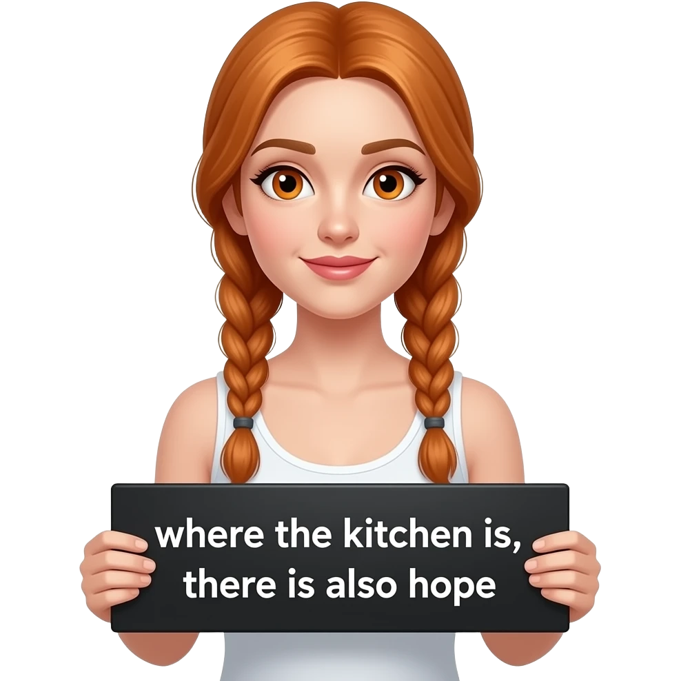sexy girl with long ginger braids and ginger eyes wearing a white tanktop is holding a black sign with wo KUCHEN ist, da ist auch HOFFNUNG written on it emoji