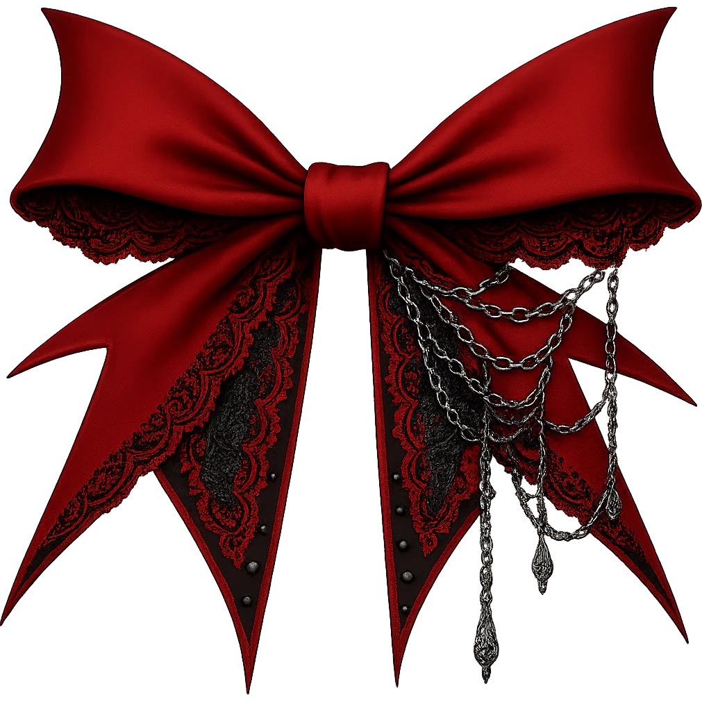 Make the red gothic bow even more dramatic: larger, with exaggerated pointed ends, extra lace, and ornate silver chains. Keep the background transparent. Maintain the gothic style and intricate details. emoji