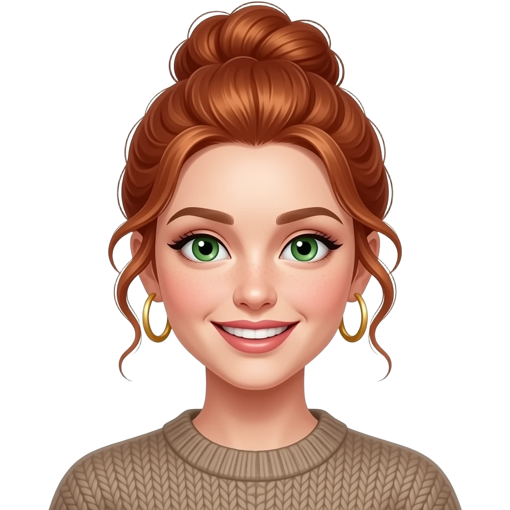 jeune femme rousse, yeux verts, cheveux en chignon haut ondulés, grand sourire charmeur, maquillage, botox, pull, anneaux dorés aux oreilles emoji