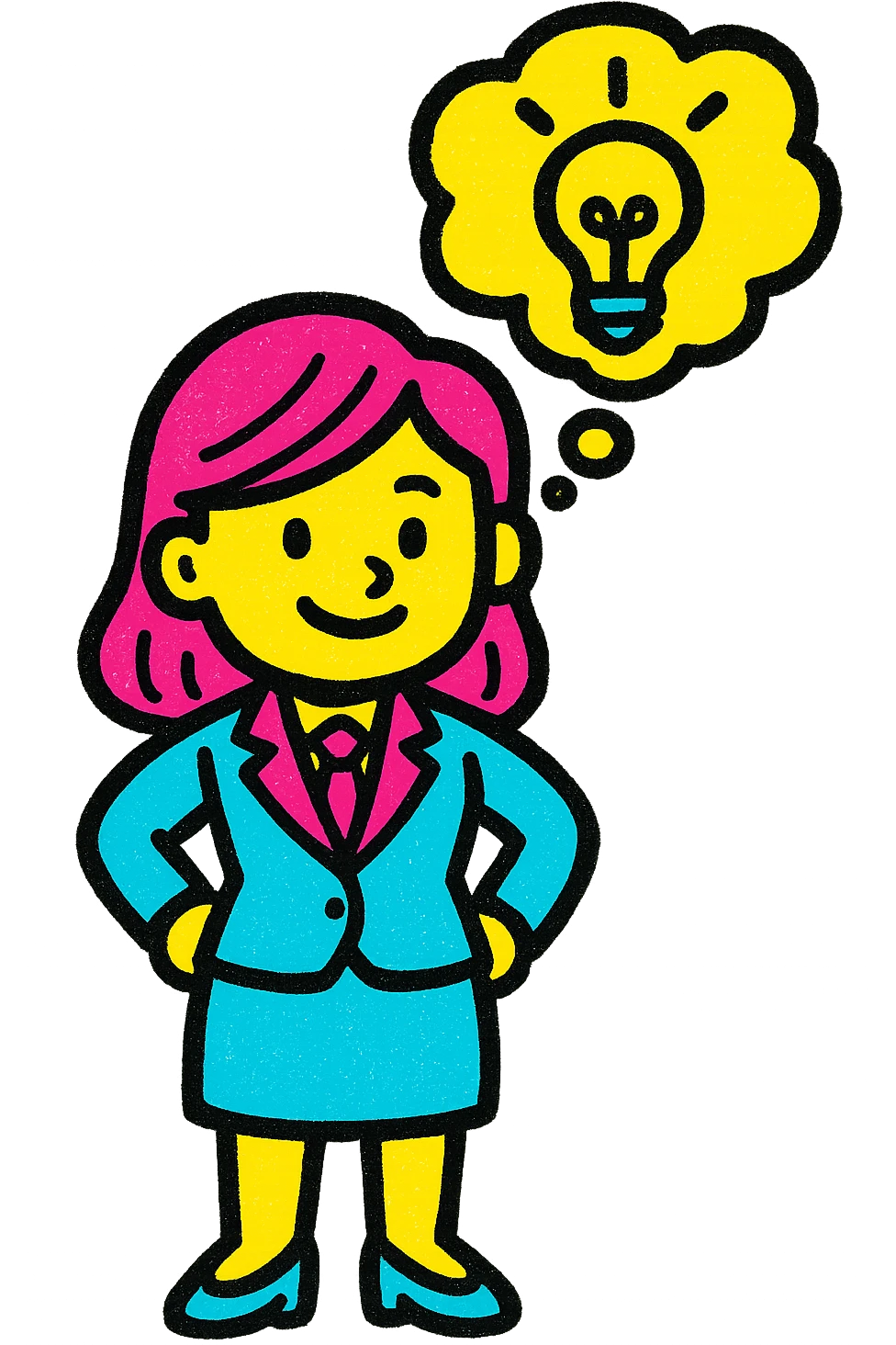 businesswoman in a suit standing with a thought bubble containing a lightbulb, flat color illustration, bold and simple shapes emoji
