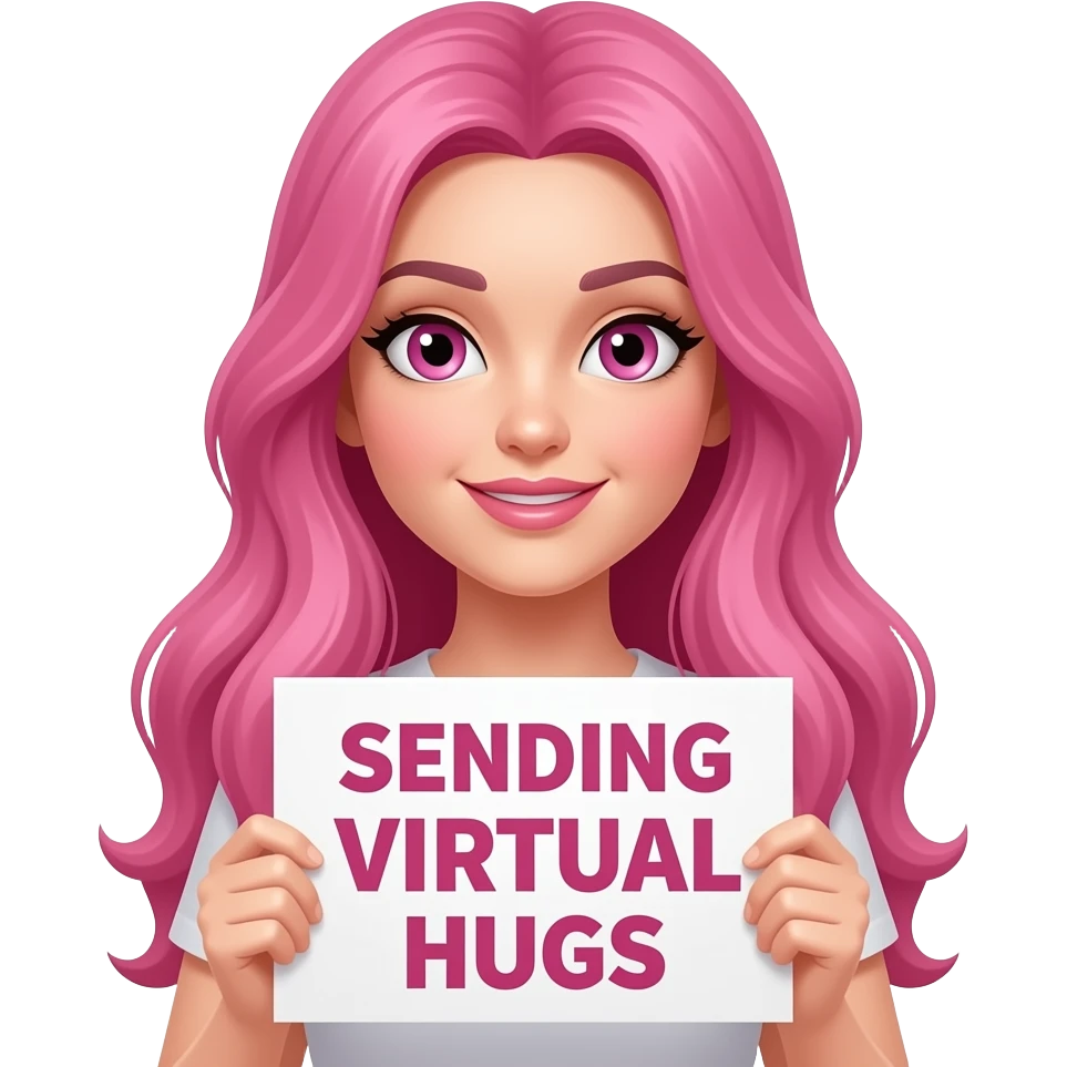 sexy girl with long pink hair and pink eyes wearing a holding a SENDING VIRTUAL HUGS sign emoji
