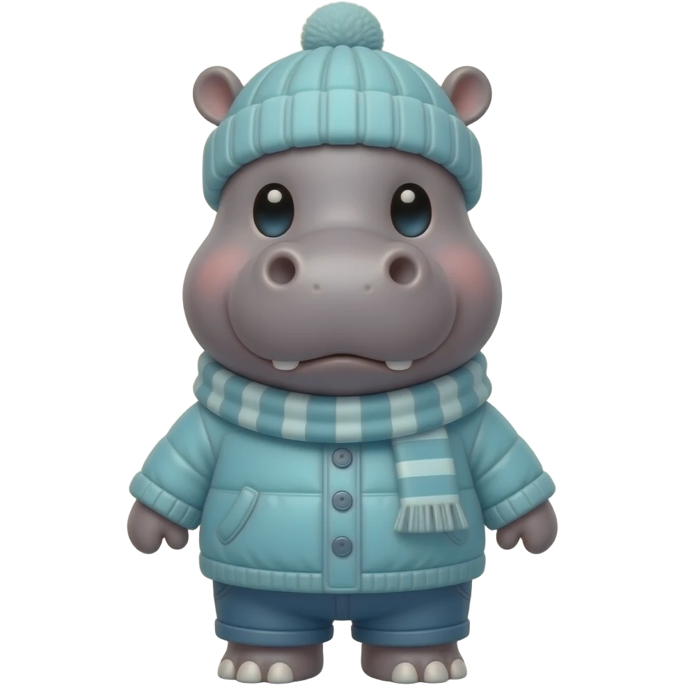 humanoid cute baby hippopotamus 3d cartoon wearing winter clothes emoji