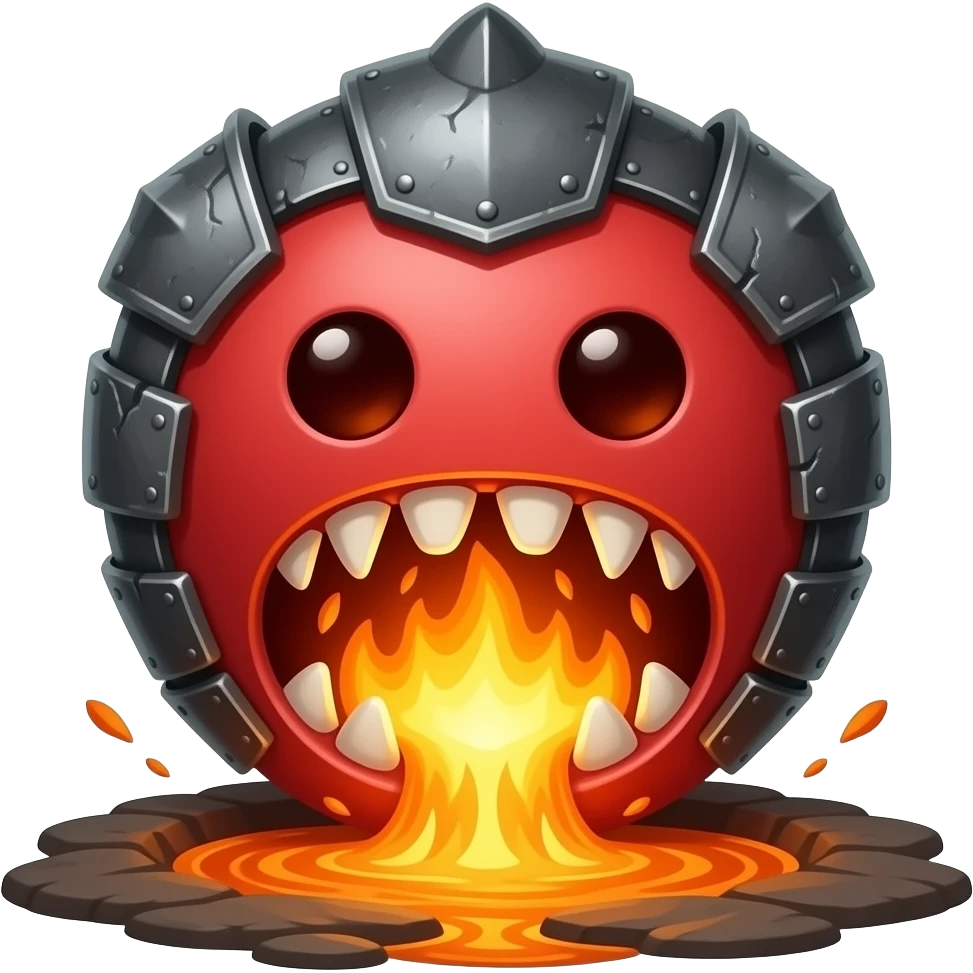 A red round sime-ball-like monster with charcoal armor plates and a furnace-hot jaw. It lurks near geothermal rivers and snaps with explosive bursts of heat. emoji