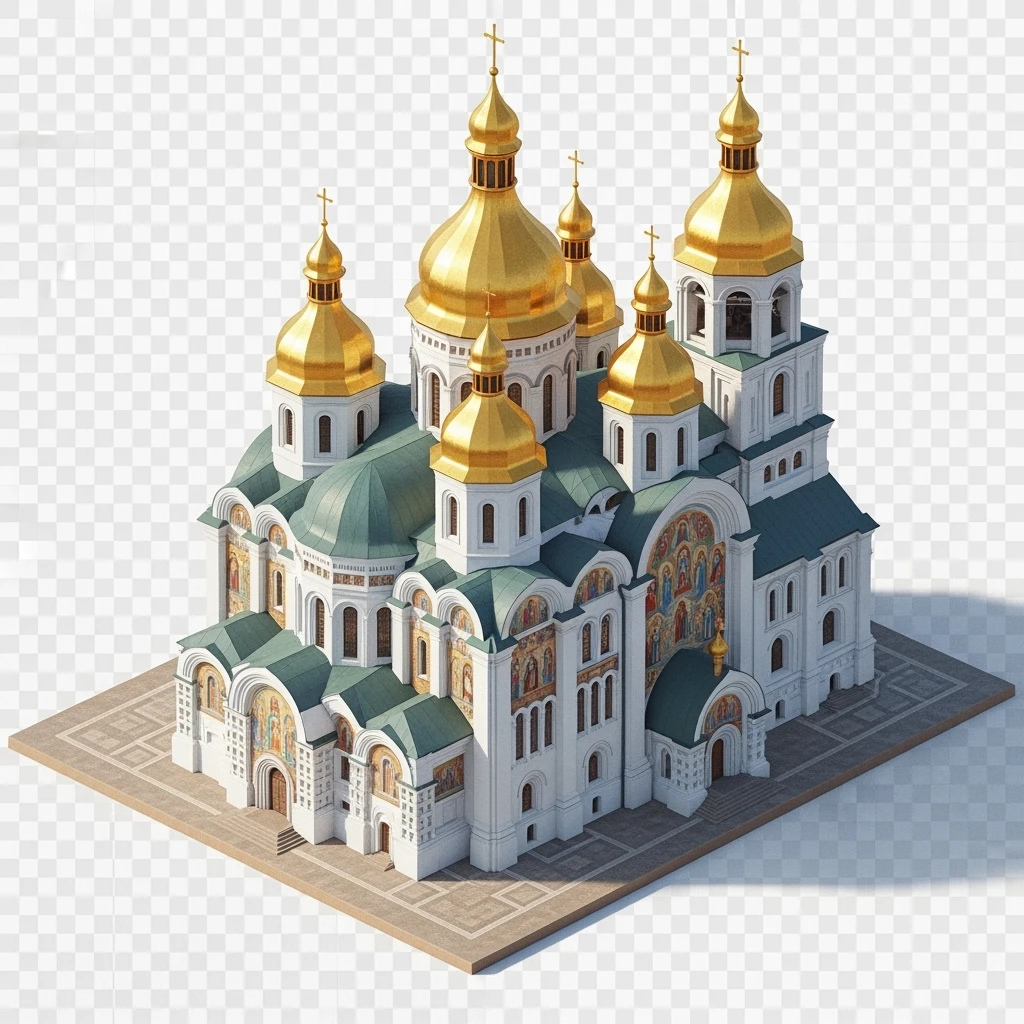 Isometric illustration of photorealistic Saint Sophia Cathedral in Kyiv, balanced between stylized and realistic, 3D miniature effect, transparent background. emoji