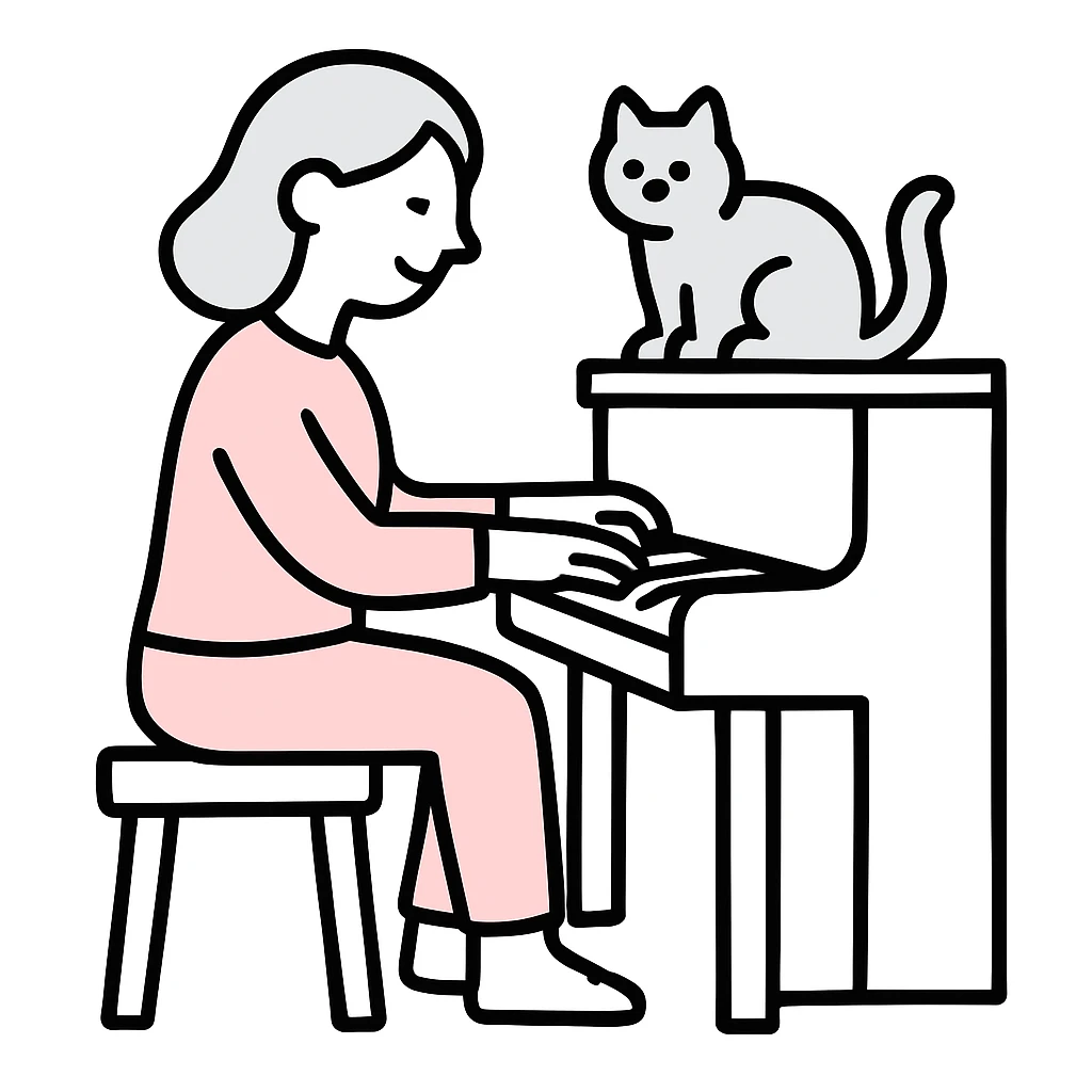 woman playing piano while her cat sits on top of the piano emoji