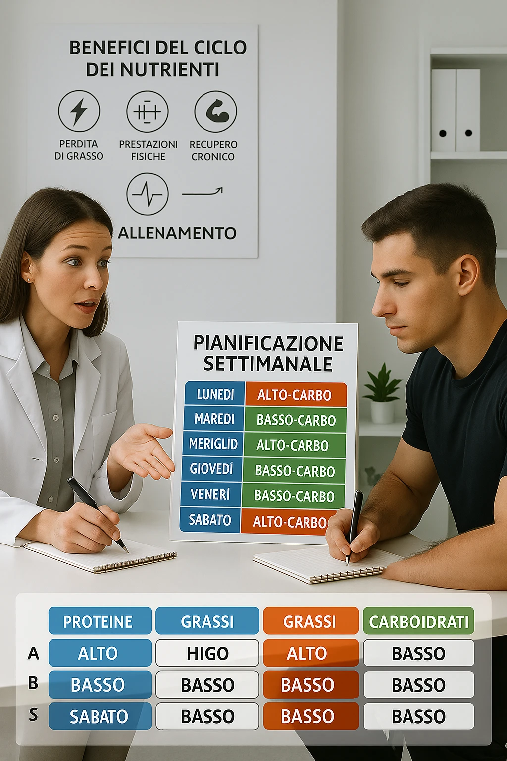 a nutritionist explains to an athlete how to cycle macronutrients for fat loss and training. On the desk, a weekly meal planner shows alternating high-carb and low-carb days, with color-coded sections for proteine, grassi, and carbo. The athlete takes notes, and a chart in the background illustrates the benefits of nutrient cycling. The mood is professional and educational. scritto in italiano emoji