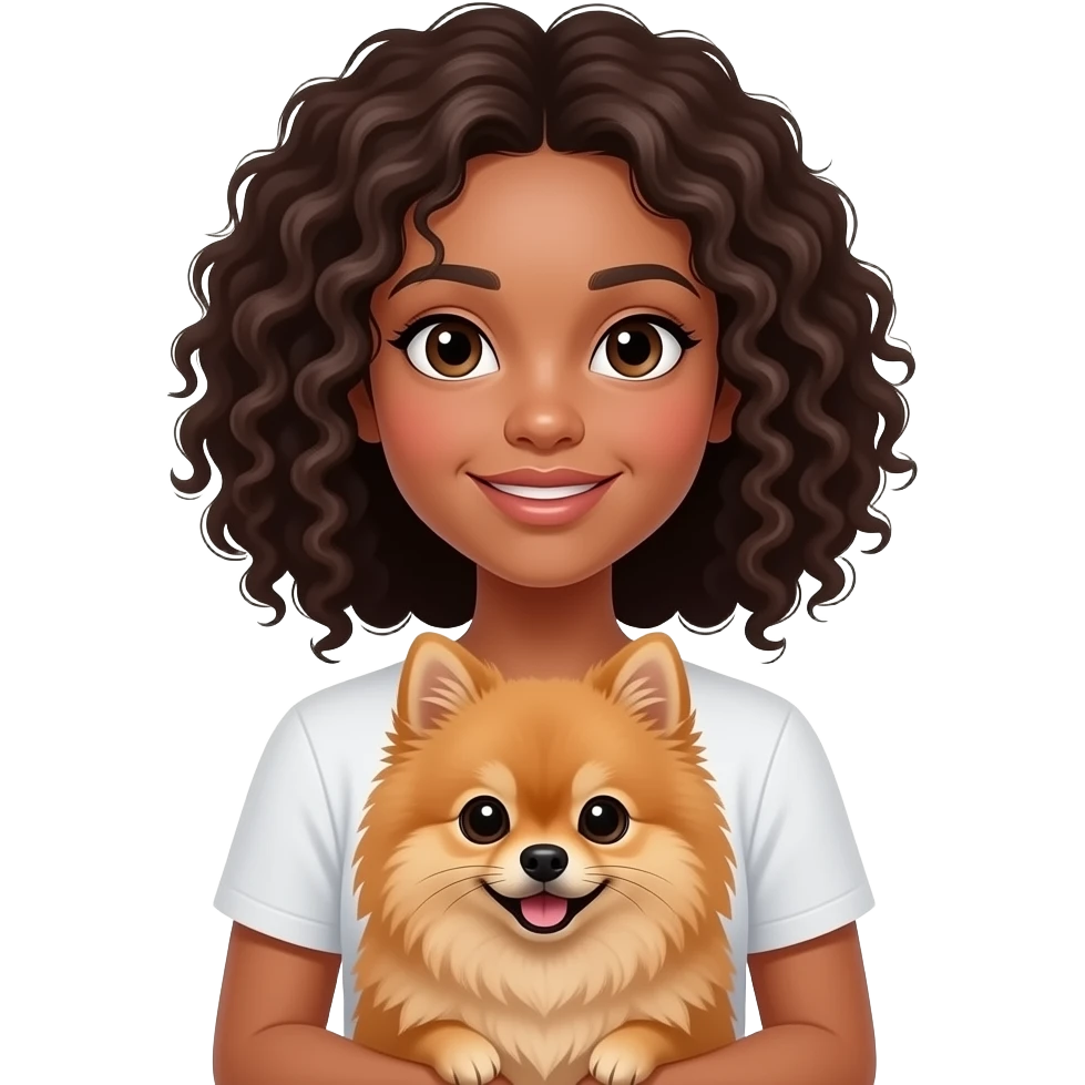 A girl with curly hair wearing a white top holding a brown Spitz dog emoji