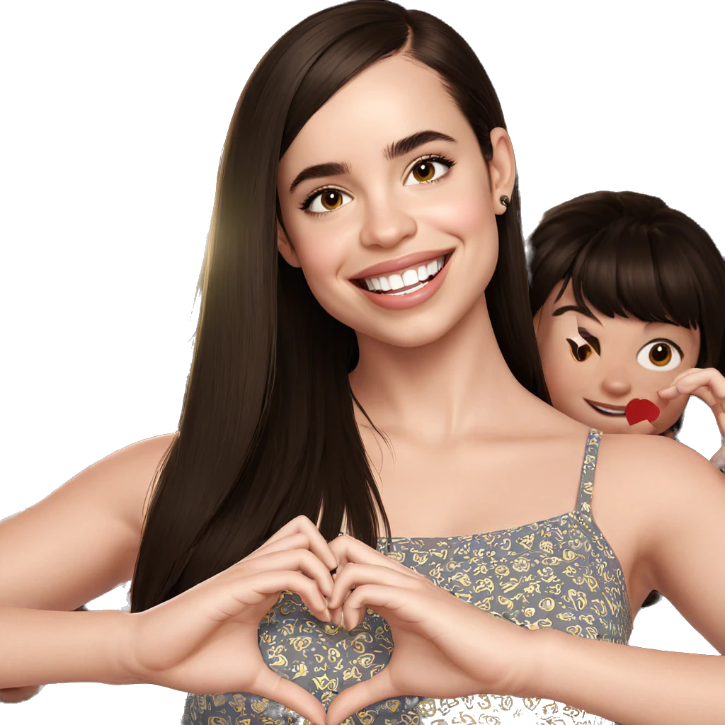 smiling girl with heart hands emoji