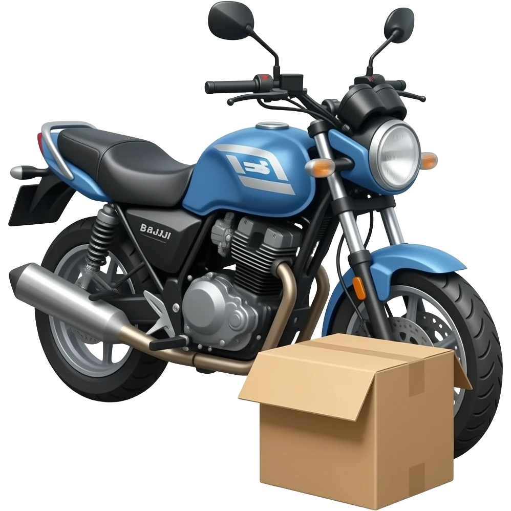 A Bajaj Boxer motorcycle with a delivery box beside it. No Name on the box emoji