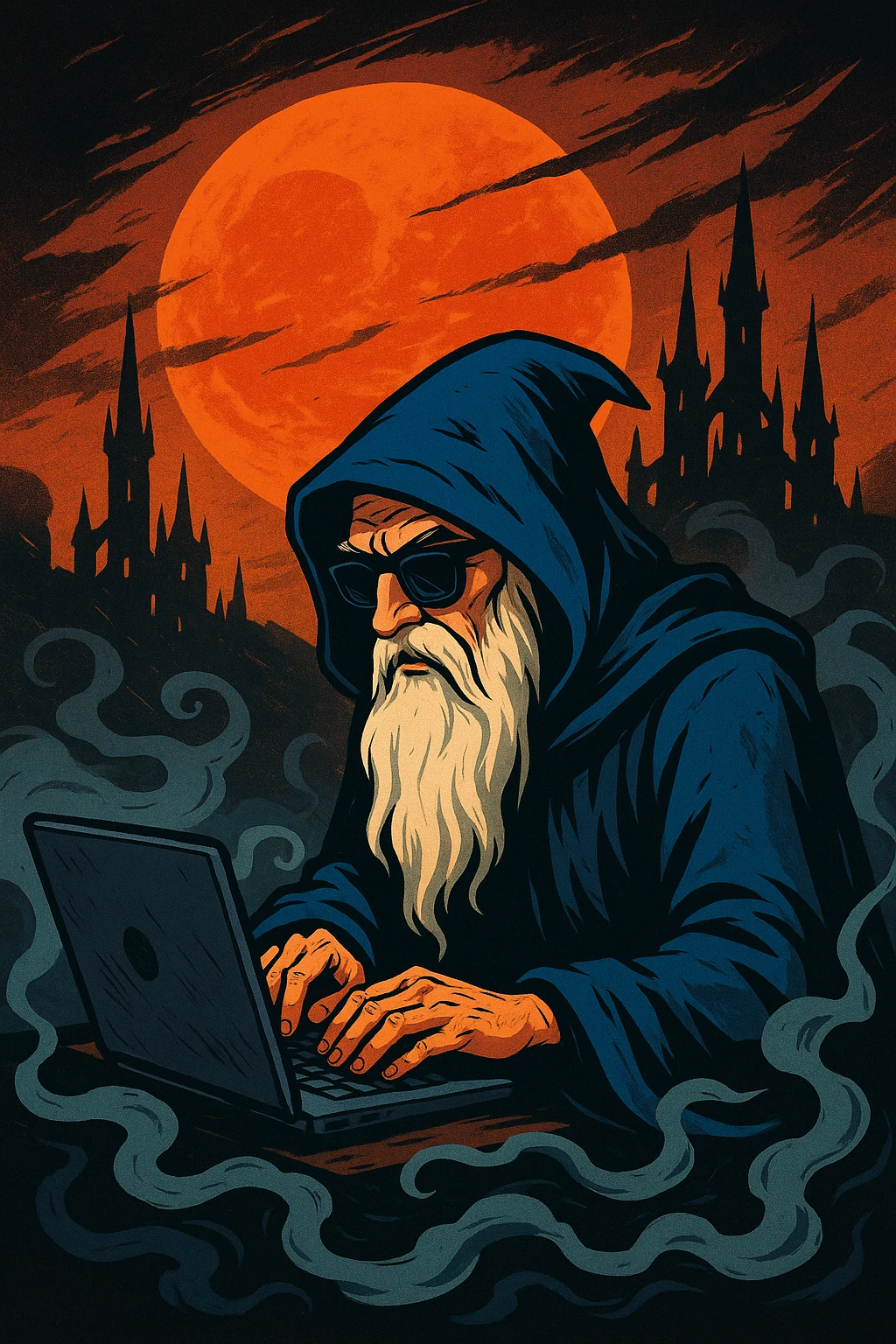 A stylized illustration of a wizard with a long white beard, blue hooded cloak, and sunglasses, typing on a laptop. The scene is set in swirling mists, with a large orange sun or moon and a gothic city of spires in the background. Strong contrast between fiery sky and shadowy foreground. emoji