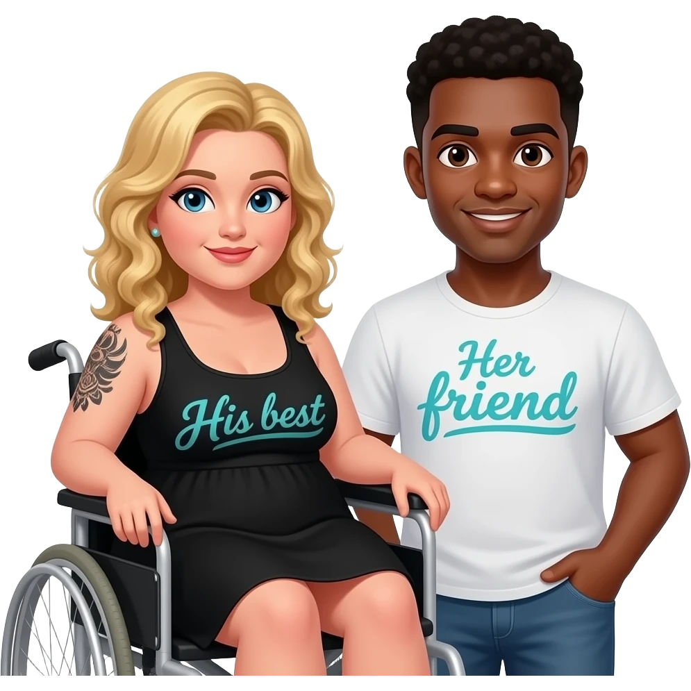 Plus Size women in wheelchair Blonde curly hair with blue eyes with black tattoos on right lower arm wearing a black summer dress with saying “ His best” written in teal cursive  writing and African American man with black hair with brown eyes NO facial hair with saying “Her friend“ on his shirt emoji