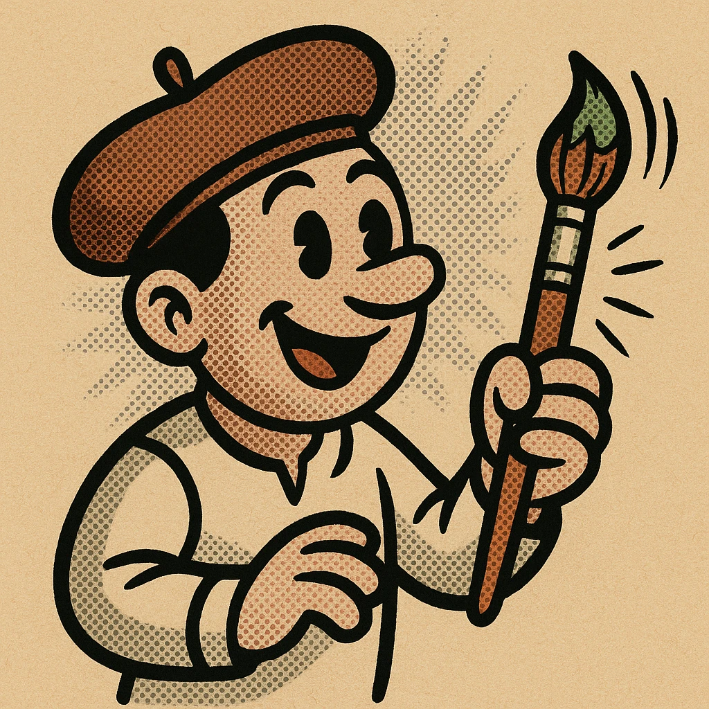 a painter with a beret and paintbrush, classic cartoon style emoji