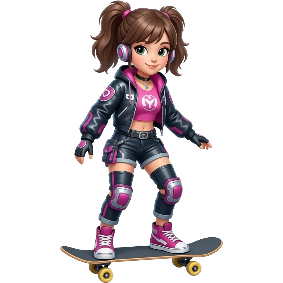 Girl wearing pink crop top and on a skateboard in a cyberpunk outfit and city emoji