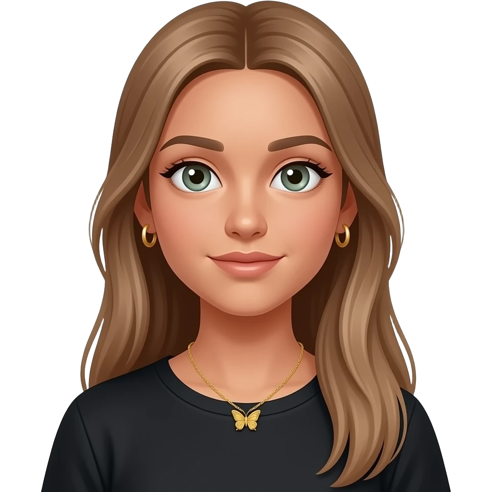 17 year old girl with very long very straight light brown hair, grey-green eyes, tanned skin, two sets of small gold hoop earrings on each ear wearing a black top and a small gold butterfly necklace emoji