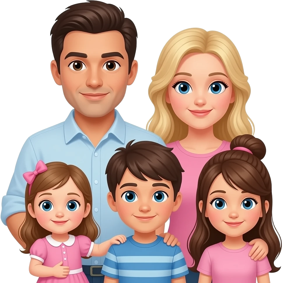 Hombre moreno mujer rubia y hija bebe de un año el niño mayor de nueve años , las niñas morenas, niña mayor pelo muy largo bebé coleta tipo moñete fuente emoji