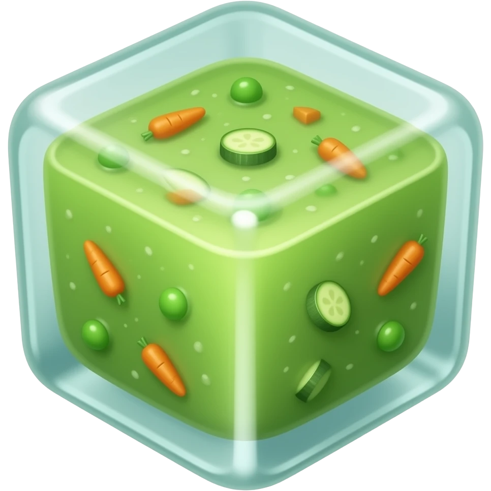 A Soup but frozen in a cube. Blend the Cube with the soup. Add some veggies. The ice cube should be the soup and there should be no ceramic. Get the outwards of the icecube to match the color of the inner soup content. Green toned emoji