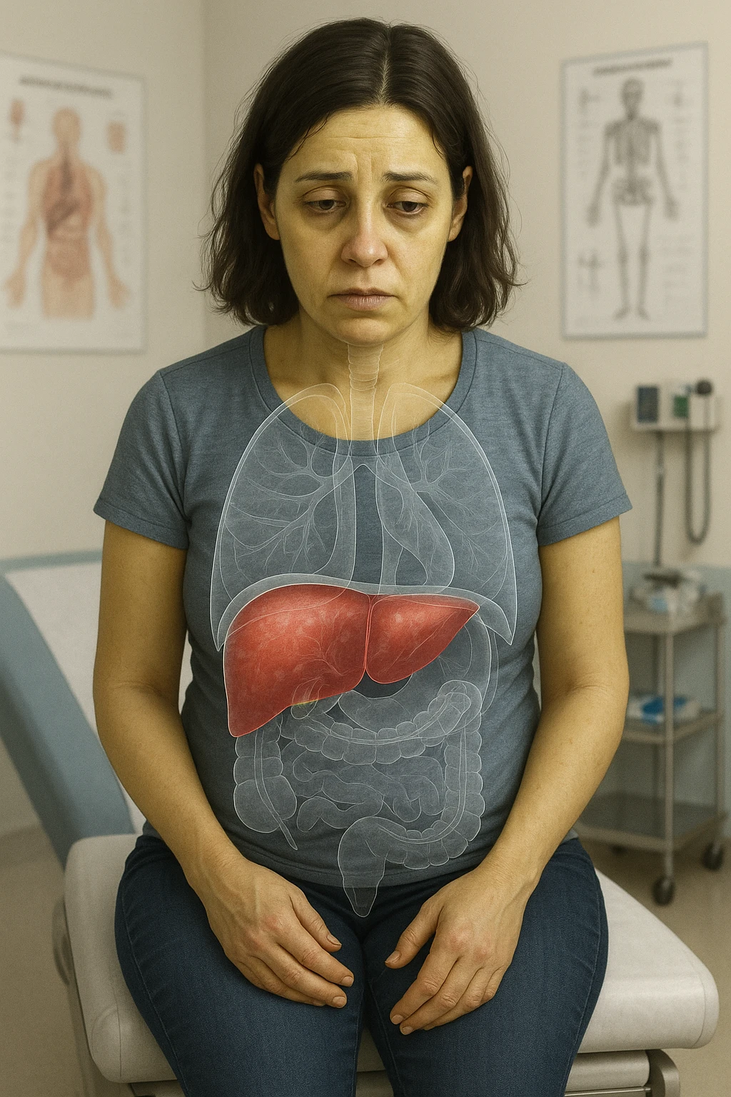 a woman in her 30s sits on a doctor’s examination table, her skin slightly yellowish (jaundice) and her expression tired. A transparent anatomical overlay highlights her liver, which appears enlarged and inflamed with a reddish, congested look. Subtle visual cues—such as dark circles under her eyes and a bloated abdomen—emphasize the symptoms of liver overload and toxicity. The background is a clinical setting, with medical charts and equipment. emoji
