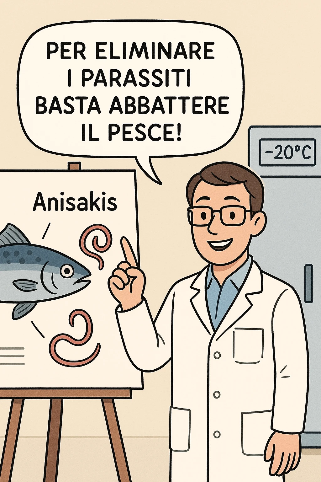  a scientist in a white lab coat stands beside a large poster showing a fish and a diagram of the Anisakis parasite. The scientist points to a speech bubble that says, “Per eliminare i parassiti basta abbattere il pesce!” In the background, a blast freezer is visible, with a temperature gauge set to -20°C. The mood is informative and reassuring. In italiano emoji