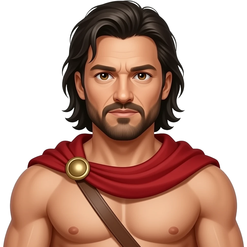 The Spartan Leonidas. Muscly physique. Wearing a red cape. Masculin. Black long hair. Brown Eyes. Beard. Gerard Butler emoji