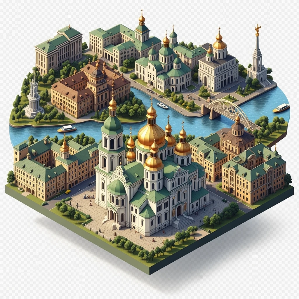 Isometric illustration of Kyiv, featuring Saint Sophia Cathedral with golden domes, balanced between stylized and realistic, 3D miniature effect, transparent background. emoji